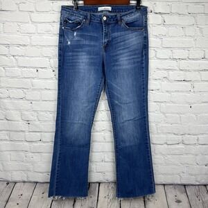 Kancan Women Size 31 Bootcut Crop Jeans Distressed Mid Rise Medium Wash Raw Hem